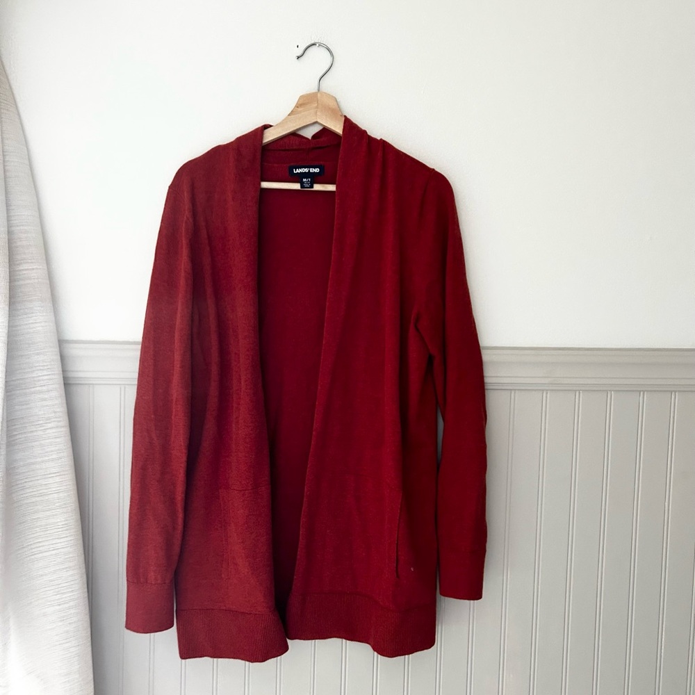 Lands' End Women's Medium 100% Cotton Red Open Front Cardigan Pockets